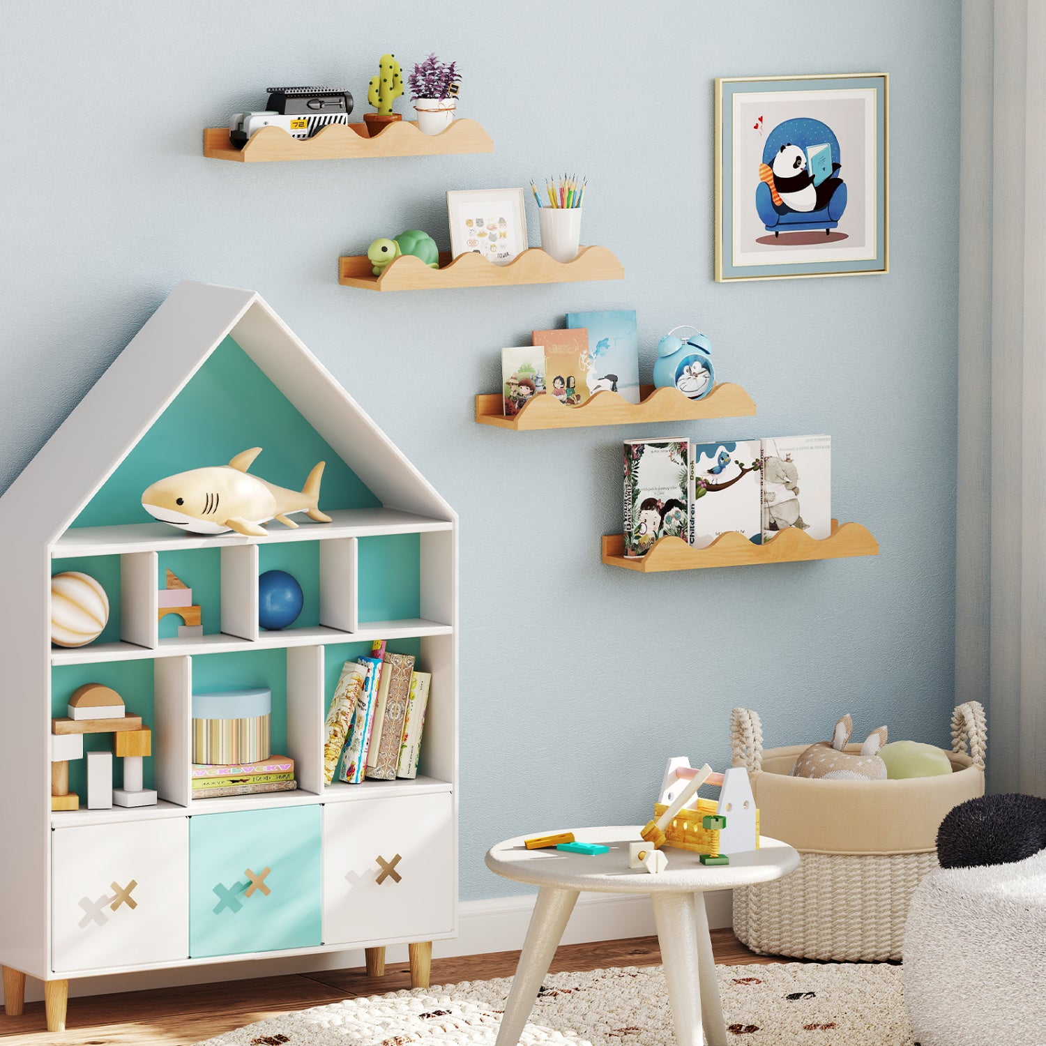 16 Inch Kids Bookshelf Set, 4 Floating Nursery Shelves, Natural Bookcases at Gallery Canada