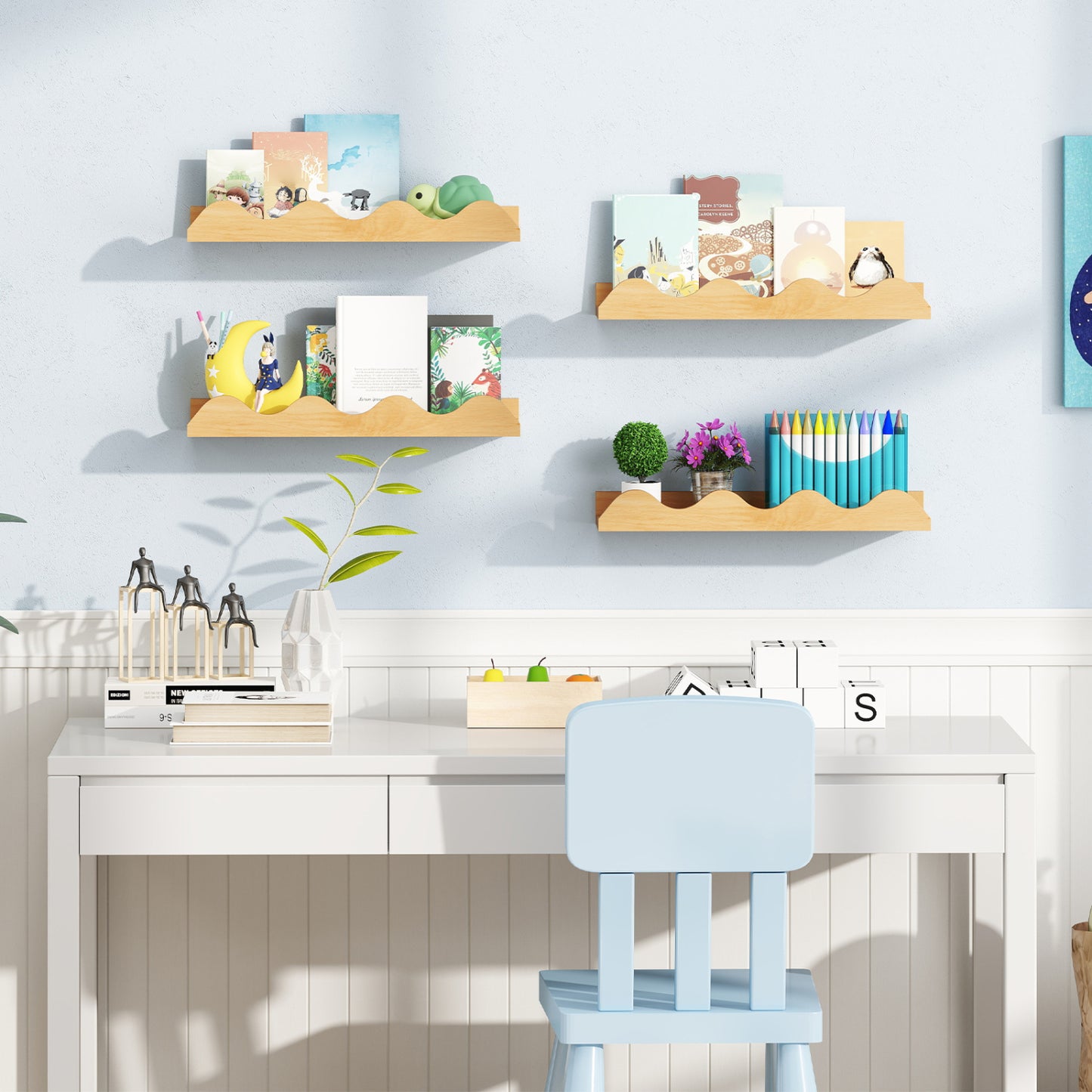 16 Inch Kids Bookshelf Set, 4 Floating Nursery Shelves, Natural Bookcases at Gallery Canada