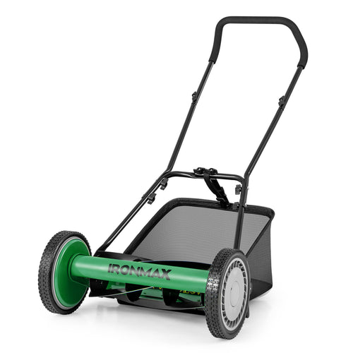 16 Inch Push Lawn Mower, 5 Steel Blades, Grass Catcher Bag, Green