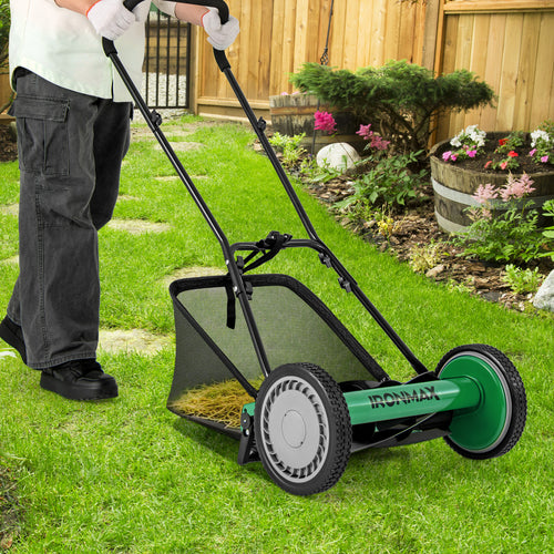 16 Inch Push Lawn Mower, 5 Steel Blades, Grass Catcher Bag, Green