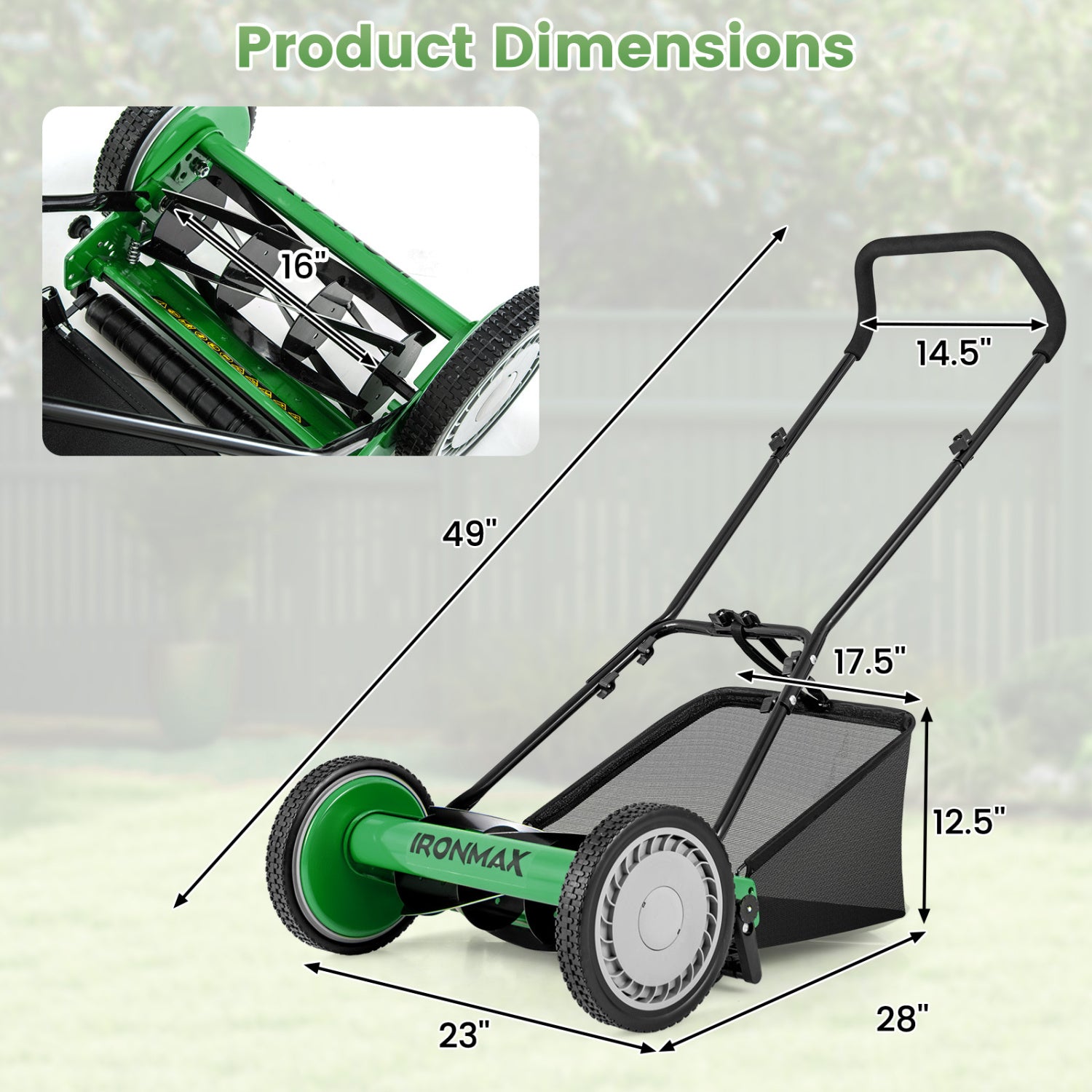 16 Inch Push Lawn Mower, 5 Steel Blades, Grass Catcher Bag, Green Lawn Care Tools at Gallery Canada