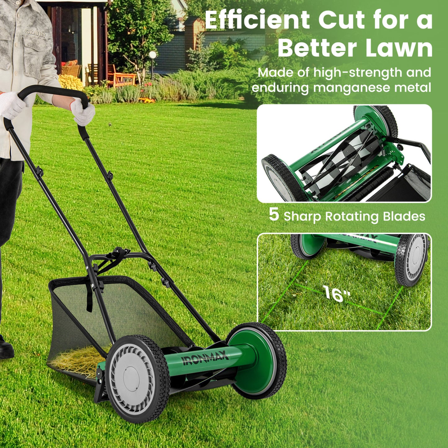 16 Inch Push Lawn Mower, 5 Steel Blades, Grass Catcher Bag, Green Lawn Care Tools at Gallery Canada