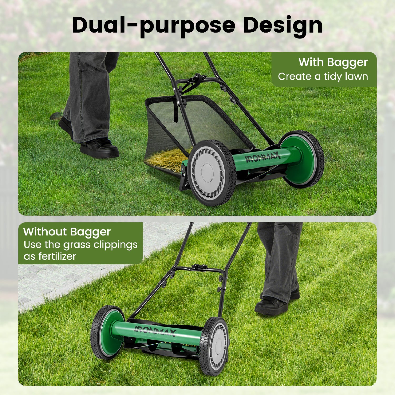 16 Inch Push Lawn Mower, 5 Steel Blades, Grass Catcher Bag, Green Lawn Care Tools at Gallery Canada