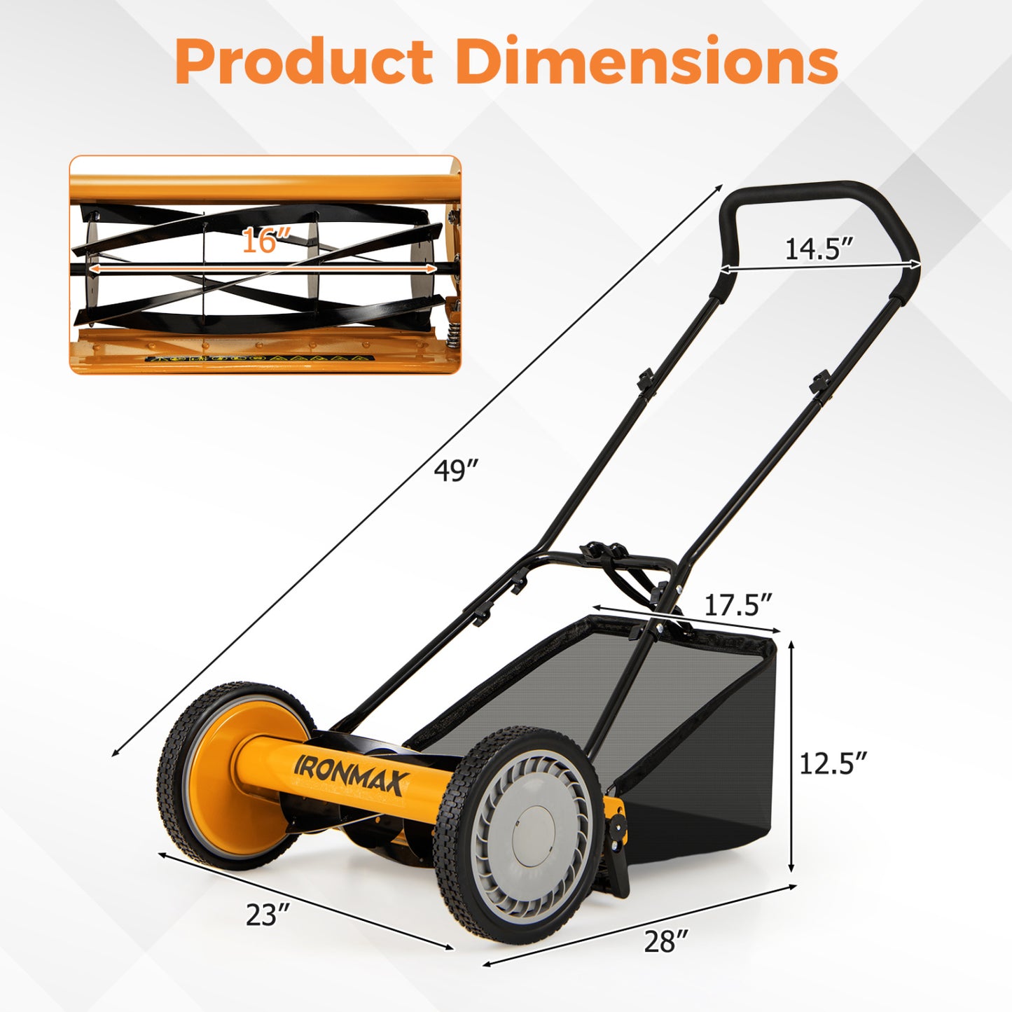 16 Inch Push Lawn Mower, 5 Steel Blades, Grass Catcher Bag, Orange Lawn Care Tools at Gallery Canada