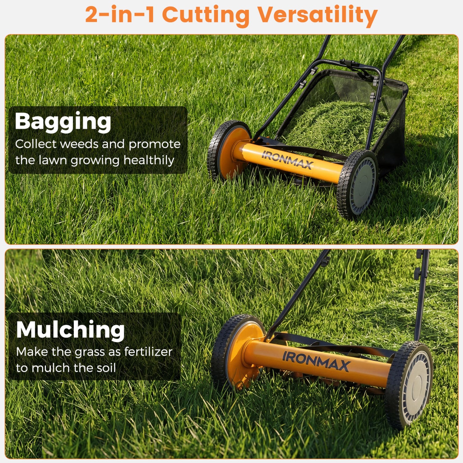 16 Inch Push Lawn Mower, 5 Steel Blades, Grass Catcher Bag, Orange Lawn Care Tools at Gallery Canada