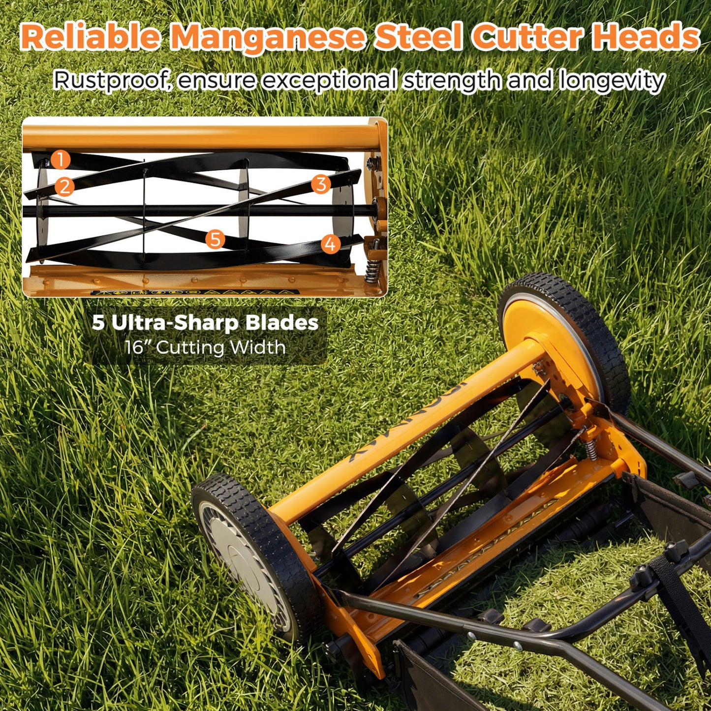 16 Inch Push Lawn Mower, 5 Steel Blades, Grass Catcher Bag, Orange Lawn Care Tools at Gallery Canada
