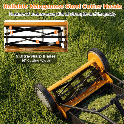16 Inch Push Lawn Mower, 5 Steel Blades, Grass Catcher Bag, Orange Lawn Care Tools at Gallery Canada