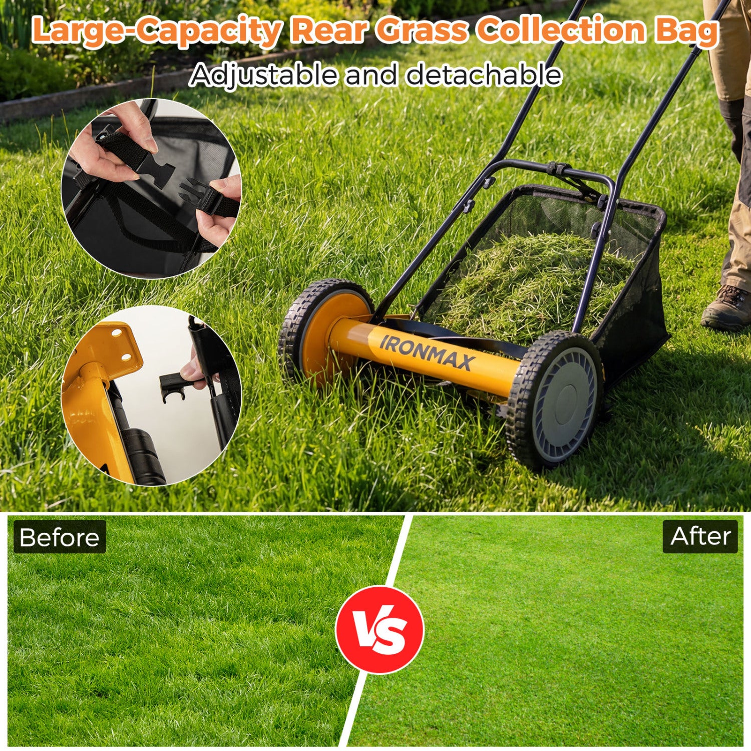 16 Inch Push Lawn Mower, 5 Steel Blades, Grass Catcher Bag, Orange Lawn Care Tools at Gallery Canada