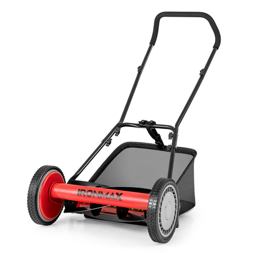 16 Inch Push Lawn Mower, 5 Steel Blades, Grass Catcher Bag, Red