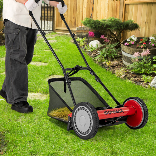 16 Inch Push Lawn Mower, 5 Steel Blades, Grass Catcher Bag, Red