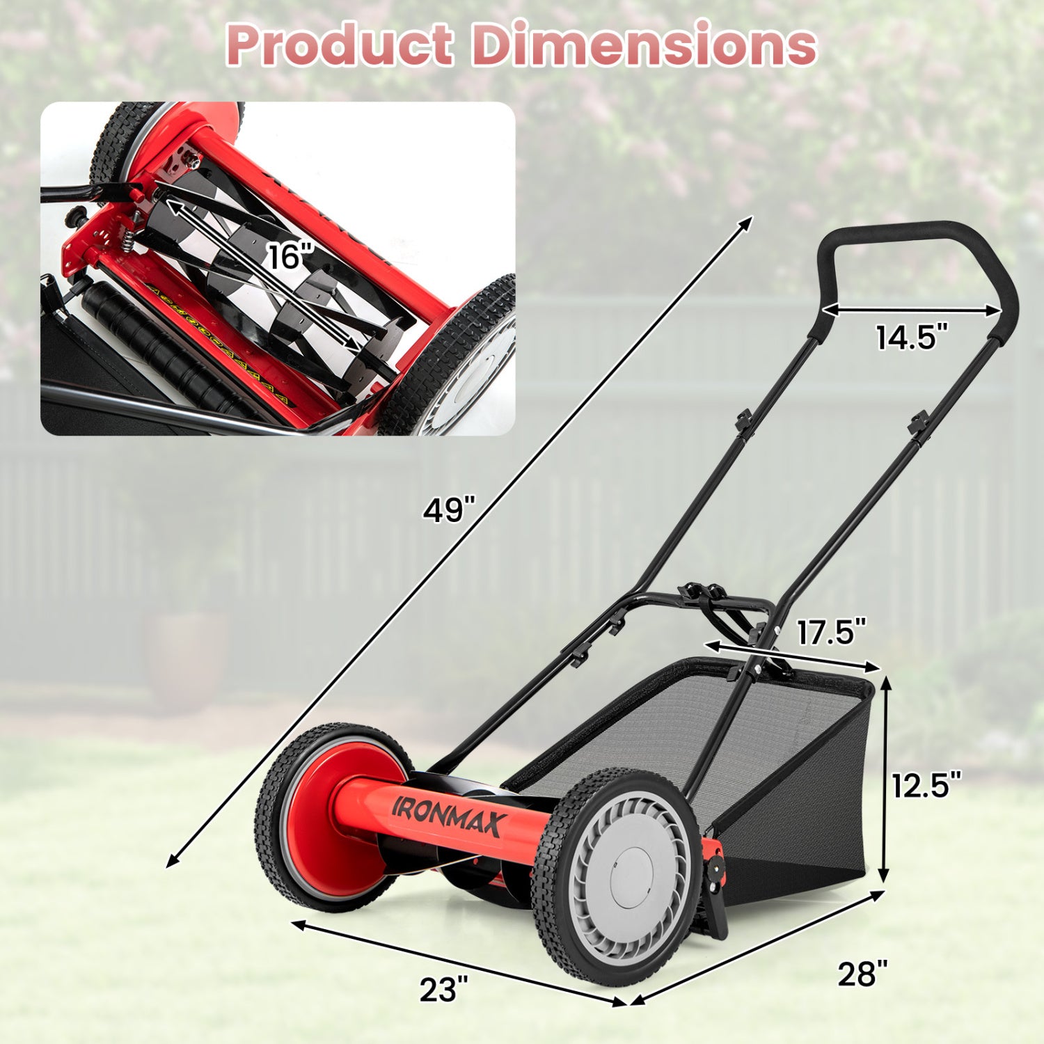 16 Inch Push Lawn Mower, 5 Steel Blades, Grass Catcher Bag, Red Lawn Care Tools at Gallery Canada