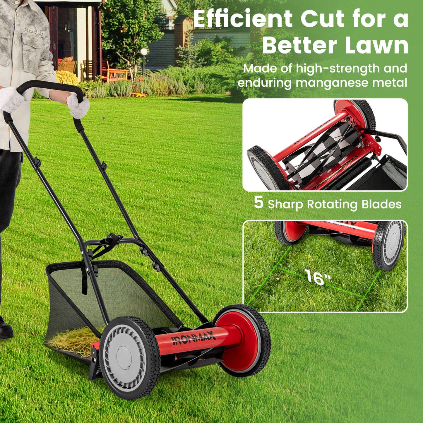 16 Inch Push Lawn Mower, 5 Steel Blades, Grass Catcher Bag, Red Lawn Care Tools at Gallery Canada