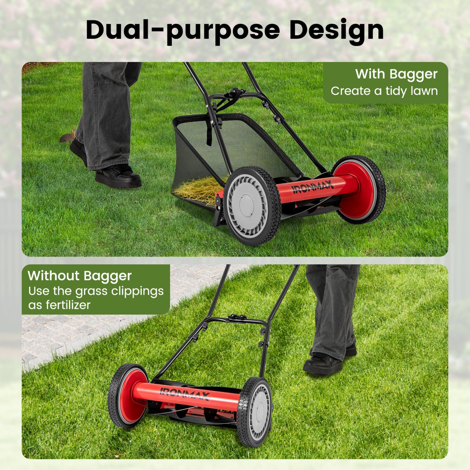 16 Inch Push Lawn Mower, 5 Steel Blades, Grass Catcher Bag, Red Lawn Care Tools at Gallery Canada