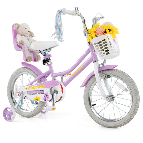 16 Inch Girls Bike, Doll Seat And Streamers, For Children 4-7 Years, Purple