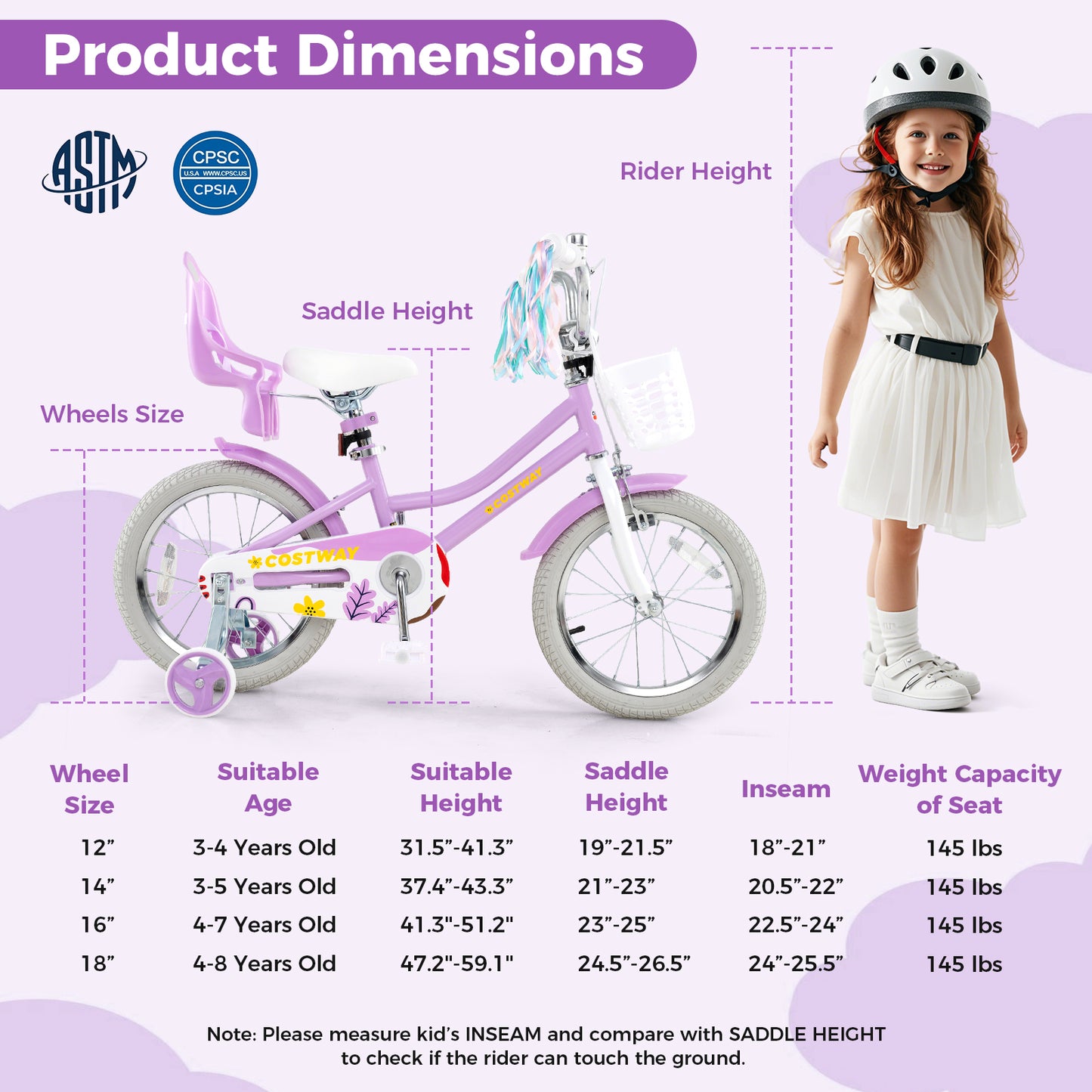 16 Inch Girls Bike, Doll Seat And Streamers, For Children 4-7 Years, Purple