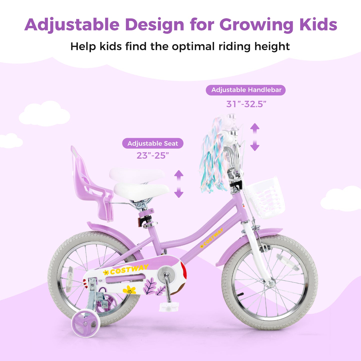 16 Inch Girls Bike, Doll Seat And Streamers, For Children 4-7 Years, Purple