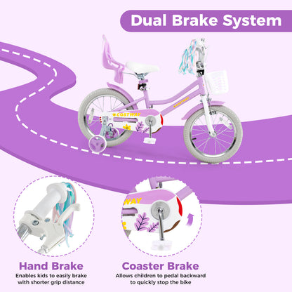 16 Inch Girls Bike, Doll Seat And Streamers, For Children 4-7 Years, Purple