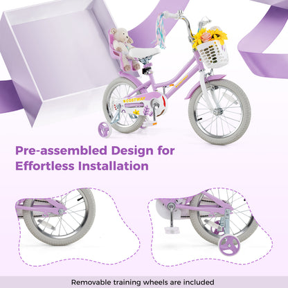 16 Inch Girls Bike, Doll Seat And Streamers, For Children 4-7 Years, Purple