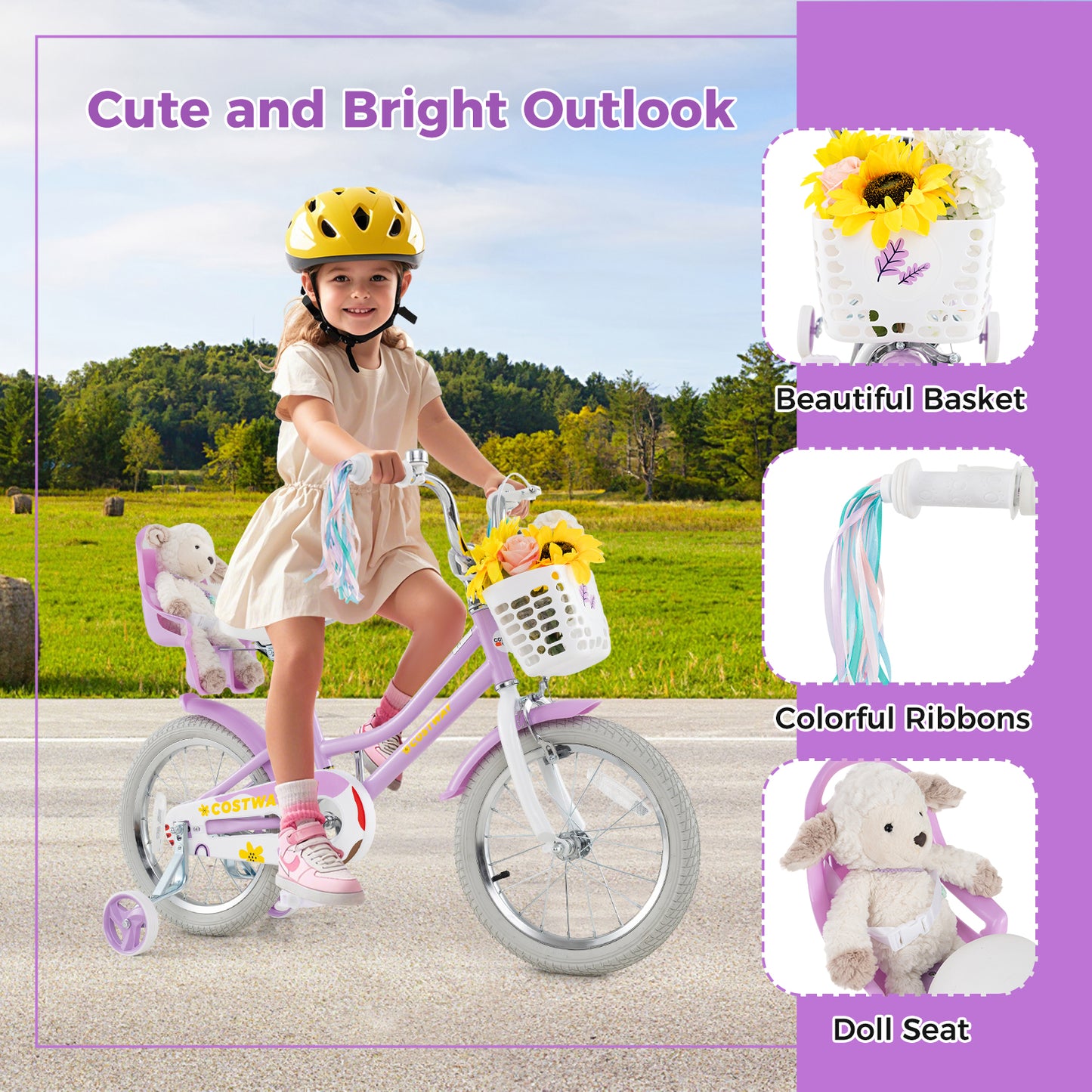 16 Inch Girls Bike, Doll Seat And Streamers, For Children 4-7 Years, Purple