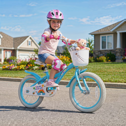 16 Inches Girls Bike for 4-7 Years Old with Training Wheels and Basket Spring Party Blue, Blue