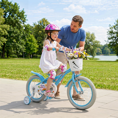 16 Inches Girls Bike for 4-7 Years Old with Training Wheels and Basket Spring Party Blue, Blue
