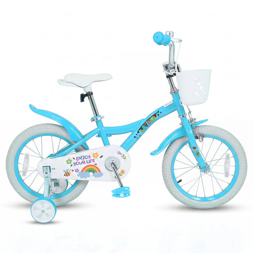 16 Inches Girls Bike for 4-7 Years Old with Training Wheels and Basket Spring Party Blue, Blue