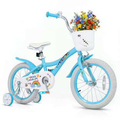 16 Inches Girls Bike for 4-7 Years Old with Training Wheels and Basket Spring Party Blue, Blue