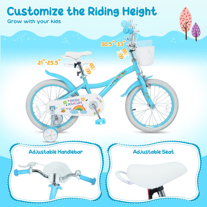 16 Inches Girls Bike for 4-7 Years Old with Training Wheels and Basket Spring Party Blue, Blue