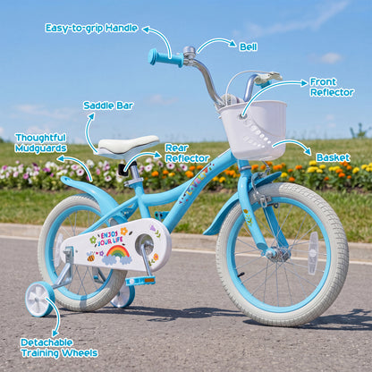 16 Inches Girls Bike for 4-7 Years Old with Training Wheels and Basket Spring Party Blue, Blue