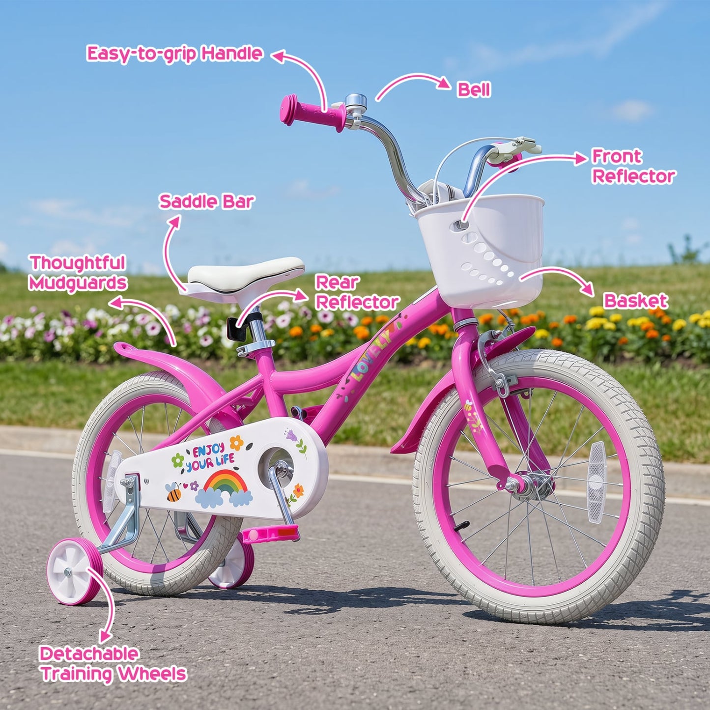 Vélo de fille 16 pouces pour les 4-7 ans, avec panier, rose
