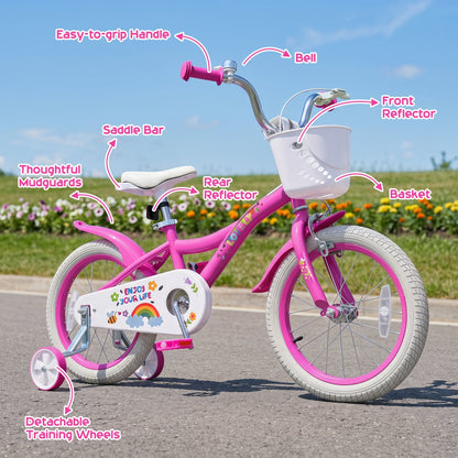Vélo de fille 16 pouces pour les 4-7 ans, avec panier, rose