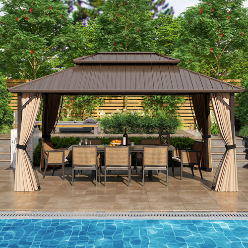 16 x 12 FT Hardtop Gazebo Outdoor Pergola for Patio Garden Deck Lawn Backyard Party Tent, Coffee