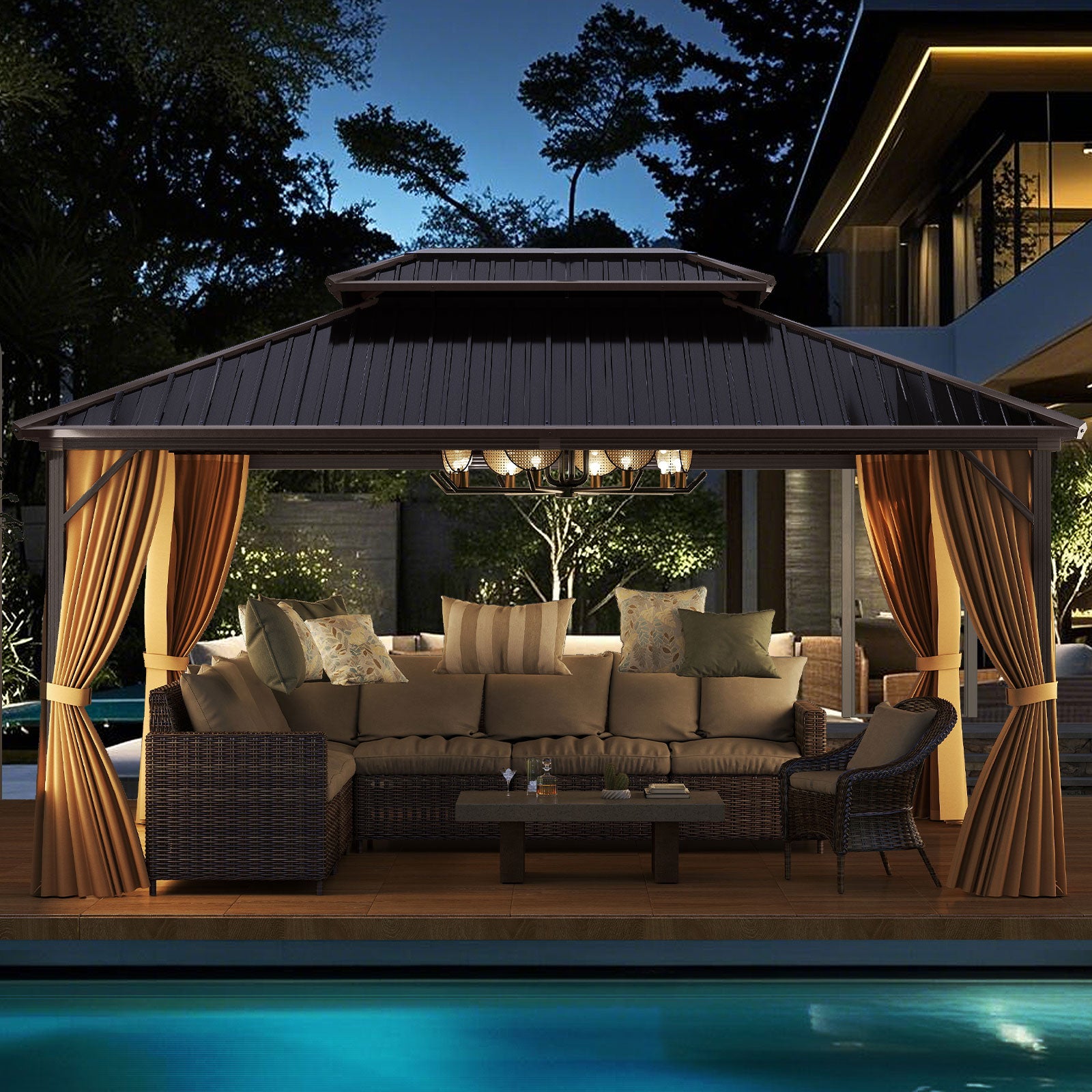 16 x 12 Feet Hardtop Gazebo Aluminum Frame Permanent Pavilion with Curtains and Netting, Coffee Gazebos at Gallery Canada