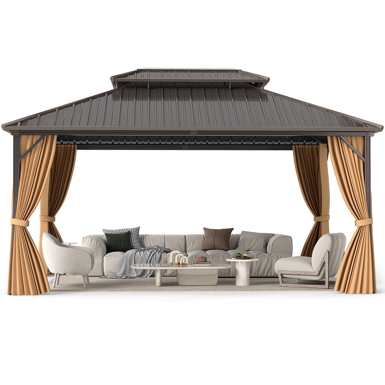 16 x 12 Feet Hardtop Gazebo Aluminum Frame Permanent Pavilion with Curtains and Netting, Coffee Gazebos at Gallery Canada