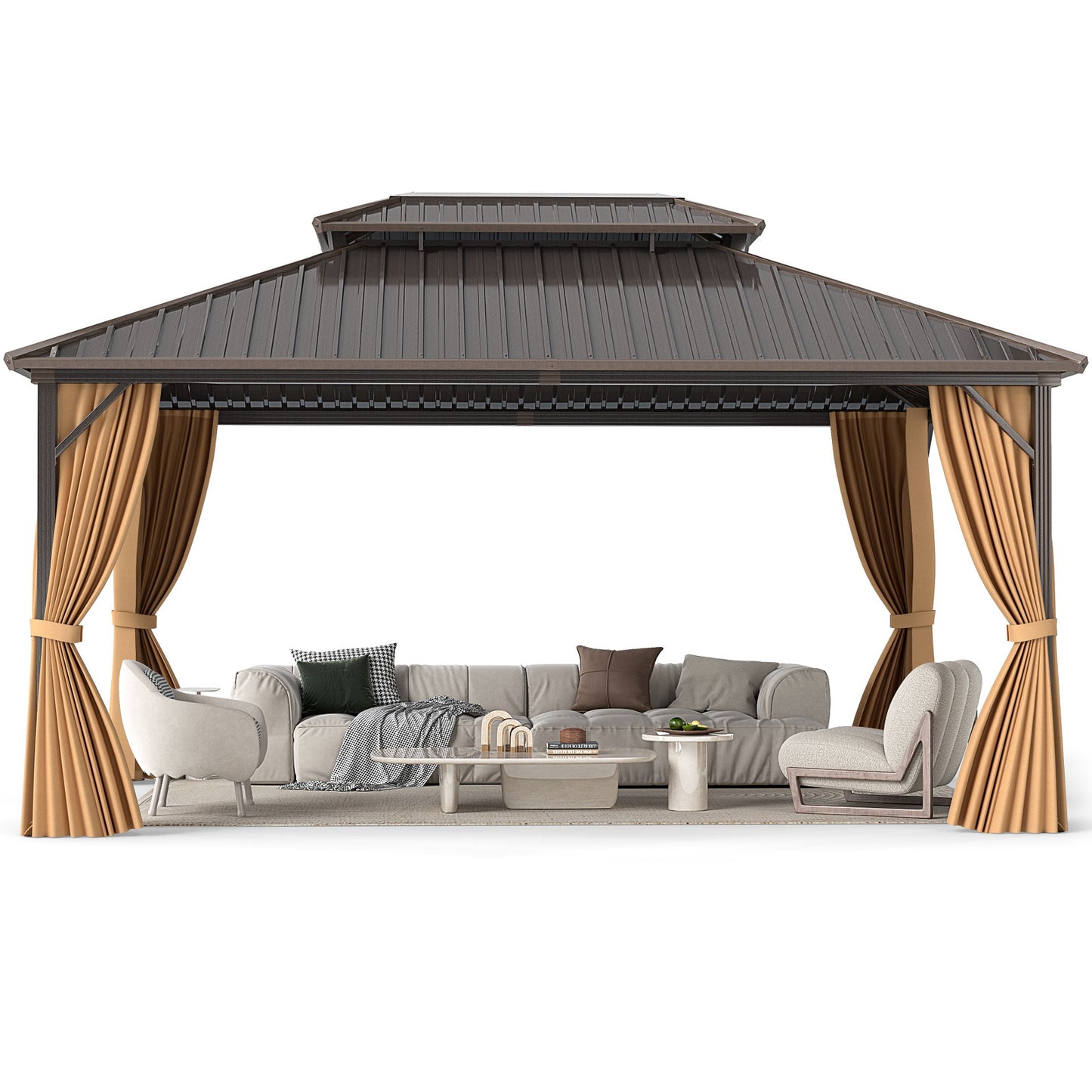 16 x 12 Feet Hardtop Gazebo Aluminum Frame Permanent Pavilion with Curtains and Netting, Coffee Gazebos at Gallery Canada