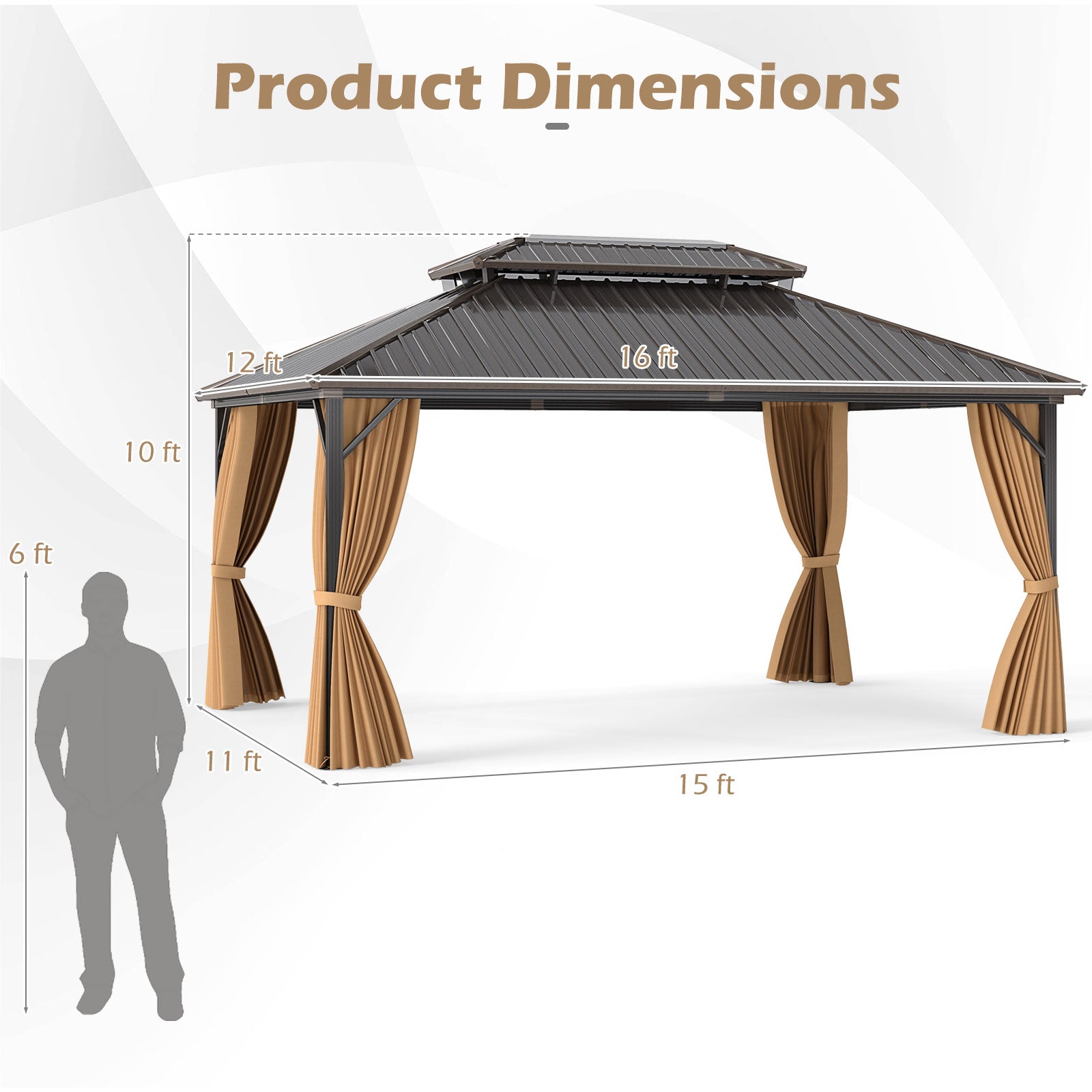 16 x 12 Feet Hardtop Gazebo Aluminum Frame Permanent Pavilion with Curtains and Netting, Coffee Gazebos at Gallery Canada