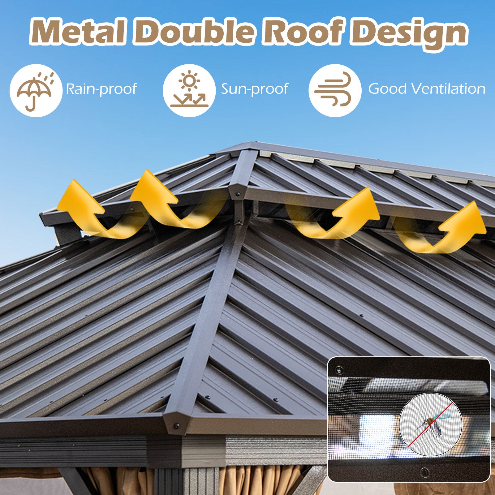 16 x 12 Feet Hardtop Gazebo Aluminum Frame Permanent Pavilion with Curtains and Netting, Coffee Gazebos at Gallery Canada