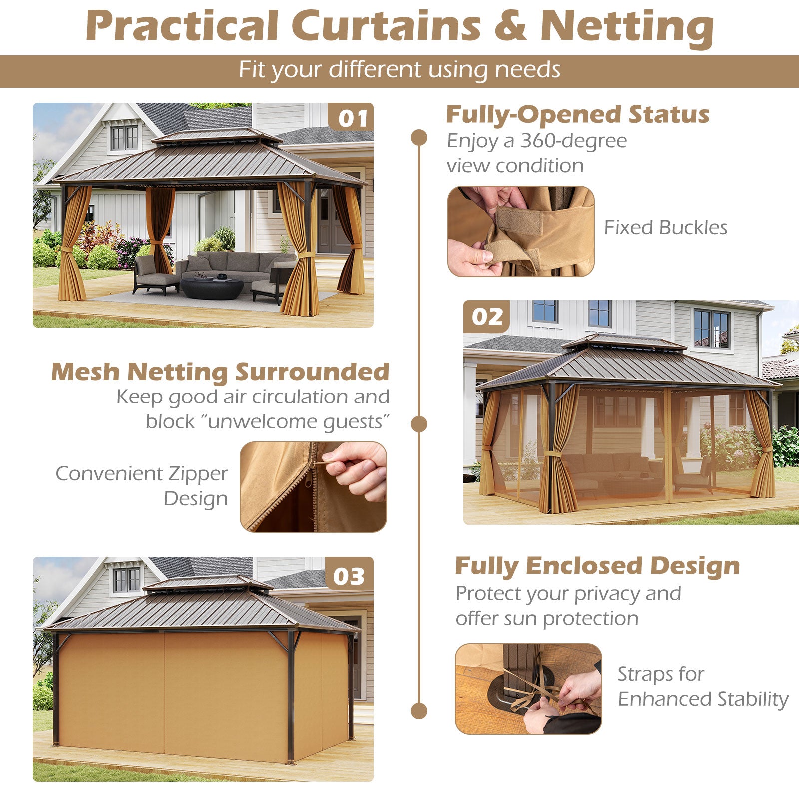 16 x 12 Feet Hardtop Gazebo Aluminum Frame Permanent Pavilion with Curtains and Netting, Coffee Gazebos at Gallery Canada