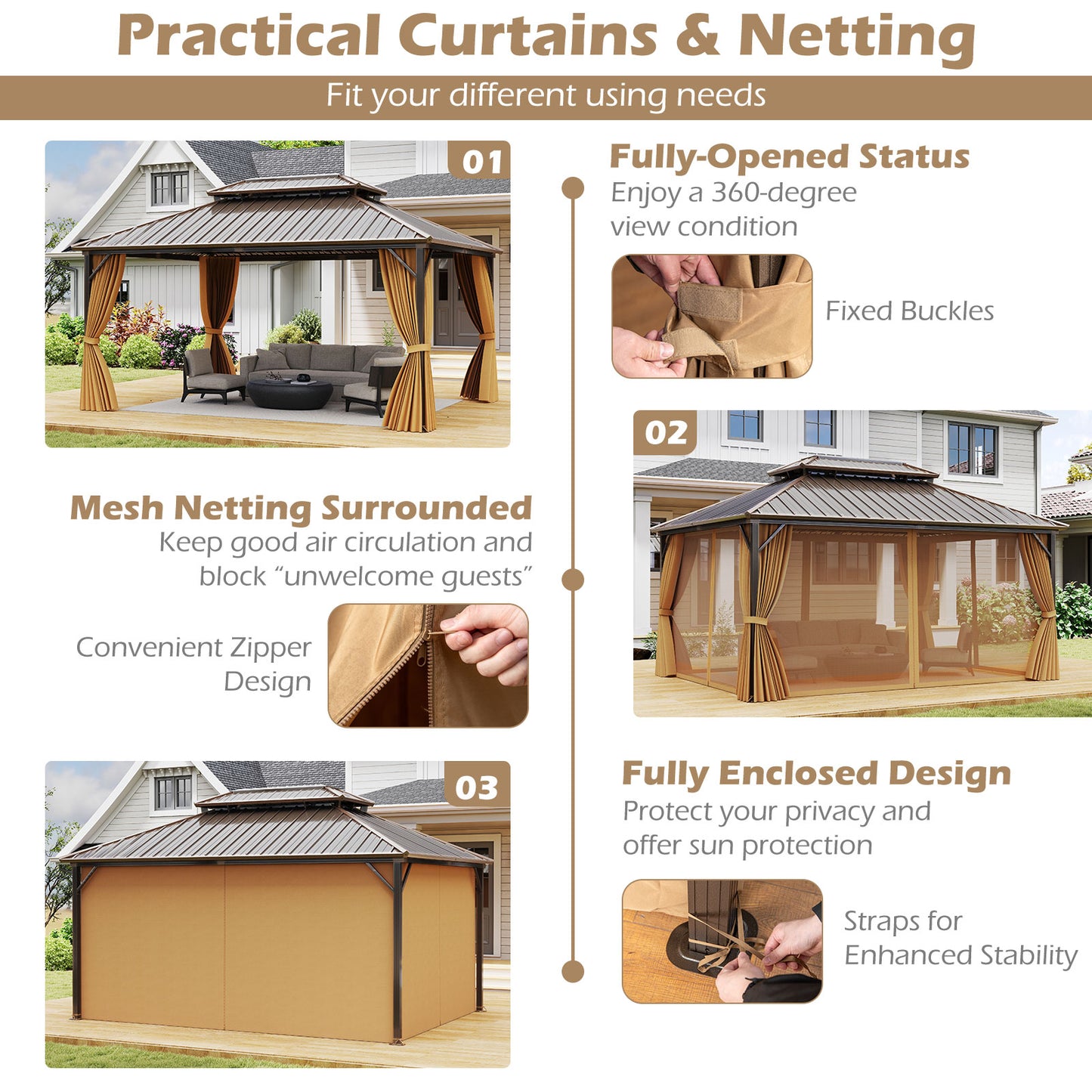 16 x 12 Feet Hardtop Gazebo Aluminum Frame Permanent Pavilion with Curtains and Netting, Coffee Gazebos at Gallery Canada