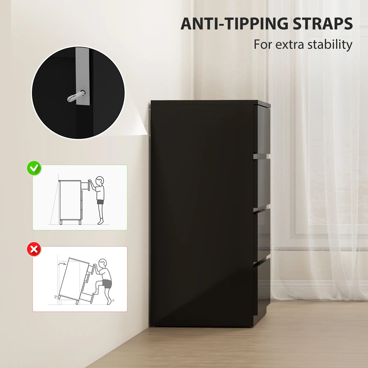 Armoire 4 tiroirs, Coffre haut brillant avec coulisses métalliques, Noir