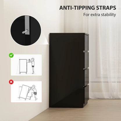 Armoire 4 tiroirs, Coffre haut brillant avec coulisses métalliques, Noir