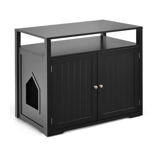Wooden Cat Litter Box Enclosure Hidden Cat Washroom with Storage Layer, Black at Gallery Canada
