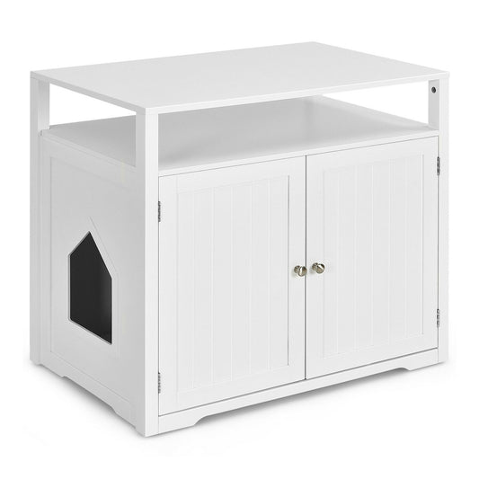 Wooden Cat Litter Box Enclosure Hidden Cat Washroom with Storage Layer, White at Gallery Canada