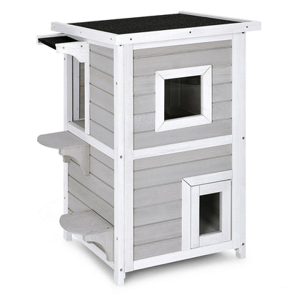 2-Story Wooden Cat House with Escape Door Rainproof, Gray & White Cat Houses Gray & White at Gallery Canada