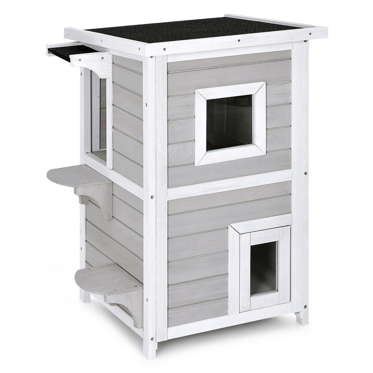 2-Story Wooden Cat House, Rainproof Escape Door, Gray White