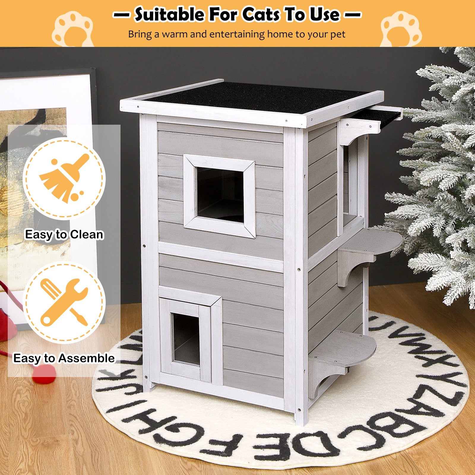 2-Story Wooden Cat House with Escape Door Rainproof, Gray & White Cat Houses at Gallery Canada