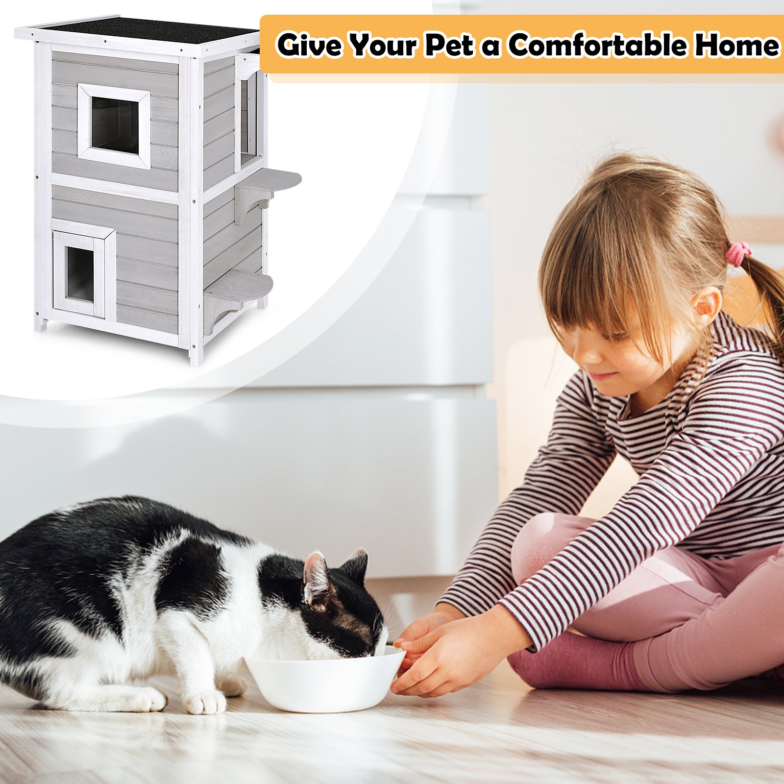 2-Story Wooden Cat House with Escape Door Rainproof, Gray & White Cat Houses at Gallery Canada