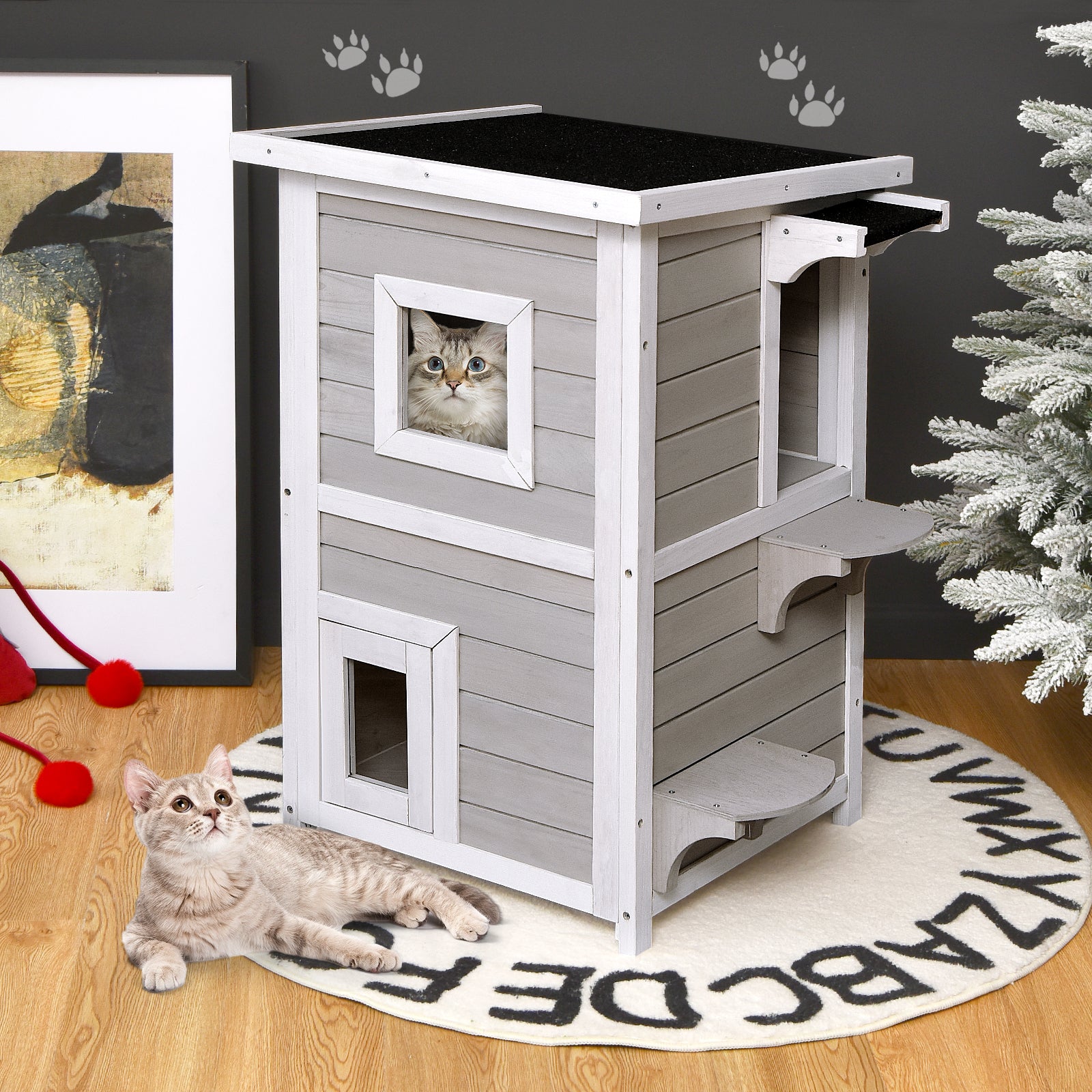2-Story Wooden Cat House with Escape Door Rainproof, Gray & White Cat Houses at Gallery Canada