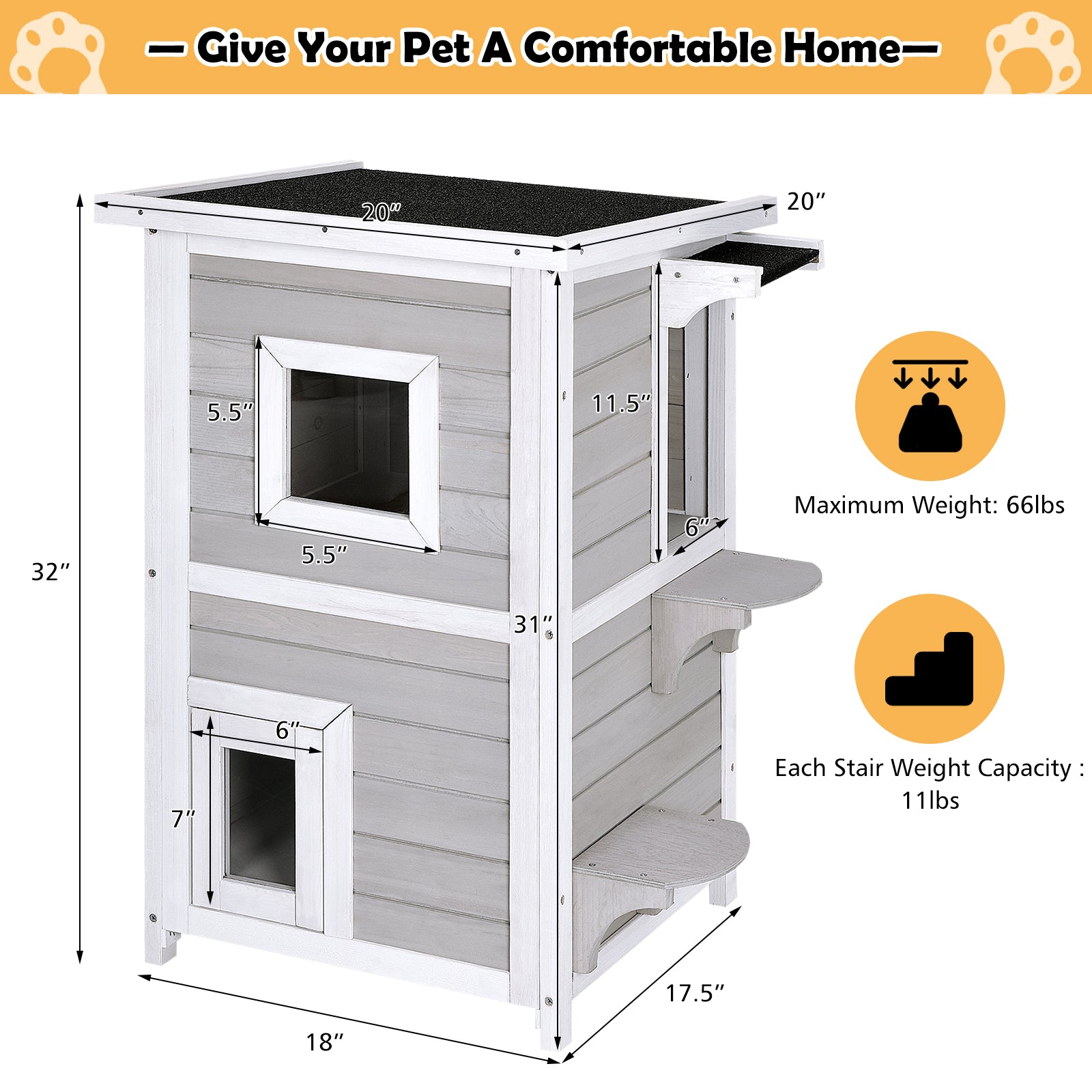 2-Story Wooden Cat House with Escape Door Rainproof, Gray & White Cat Houses at Gallery Canada