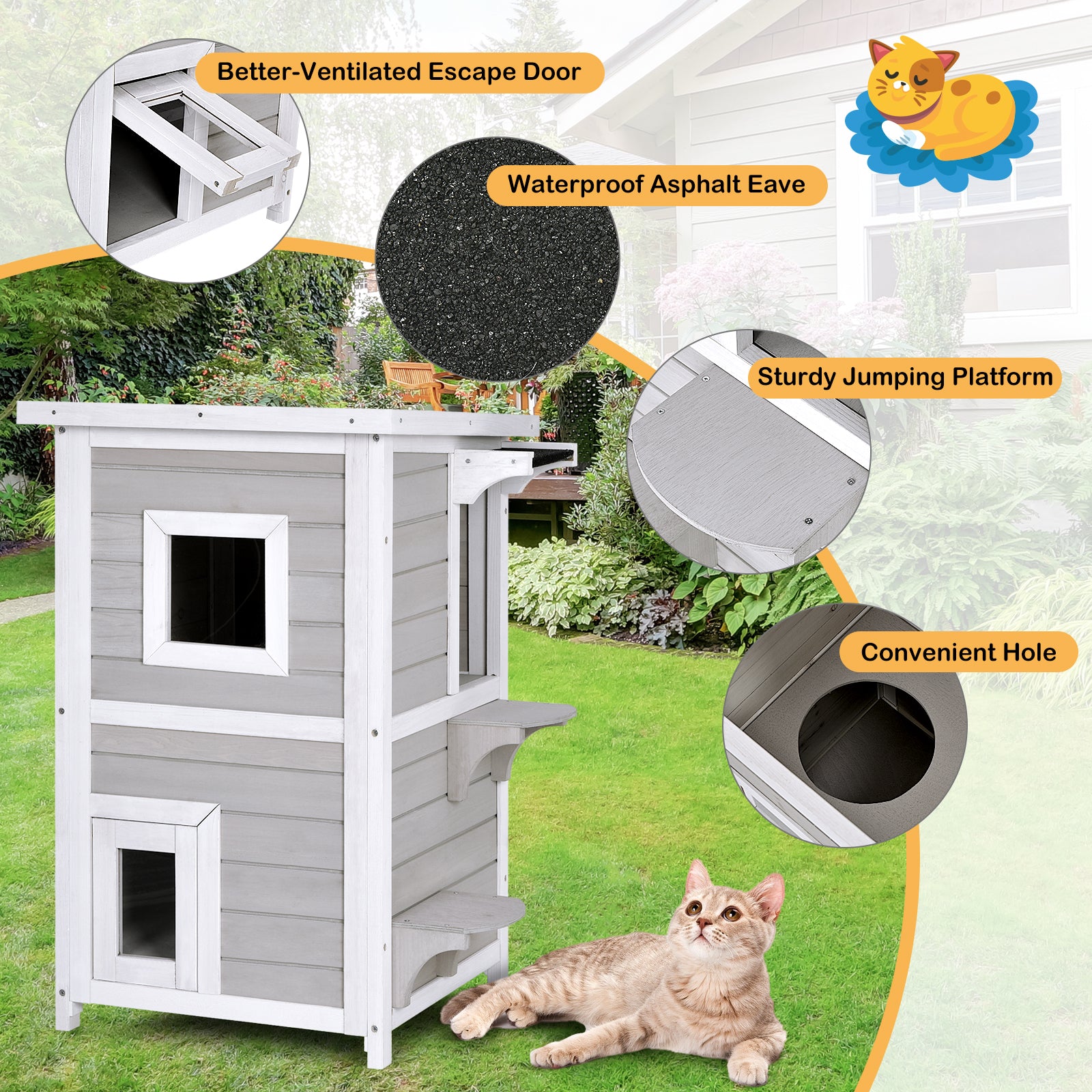2-Story Wooden Cat House with Escape Door Rainproof, Gray & White Cat Houses at Gallery Canada